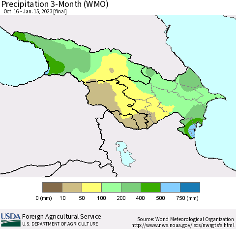 Azerbaijan, Armenia and Georgia Precipitation 3-Month (WMO) Thematic Map For 10/16/2022 - 1/15/2023