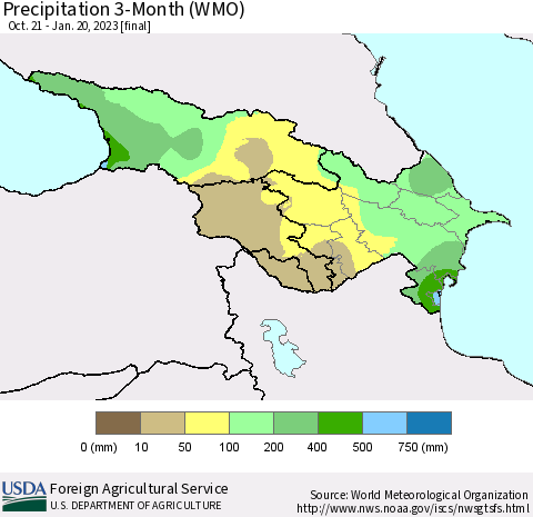Azerbaijan, Armenia and Georgia Precipitation 3-Month (WMO) Thematic Map For 10/21/2022 - 1/20/2023