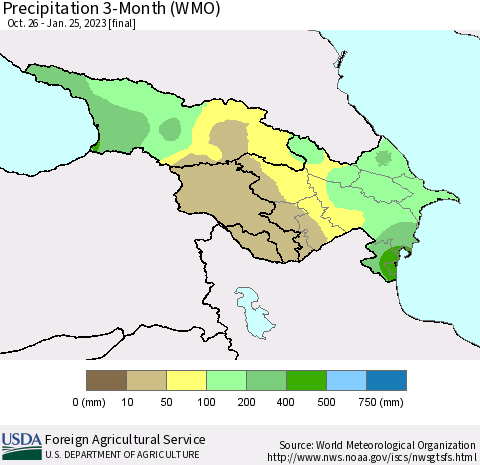 Azerbaijan, Armenia and Georgia Precipitation 3-Month (WMO) Thematic Map For 10/26/2022 - 1/25/2023