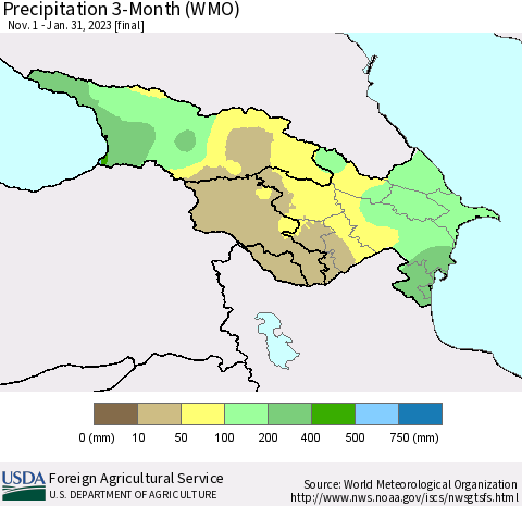 Azerbaijan, Armenia and Georgia Precipitation 3-Month (WMO) Thematic Map For 11/1/2022 - 1/31/2023