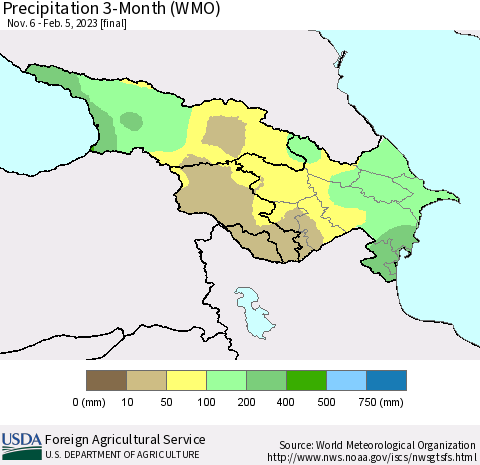 Azerbaijan, Armenia and Georgia Precipitation 3-Month (WMO) Thematic Map For 11/6/2022 - 2/5/2023