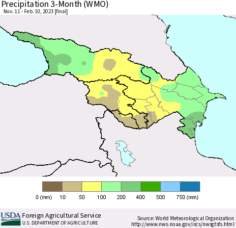 Azerbaijan, Armenia and Georgia Precipitation 3-Month (WMO) Thematic Map For 11/11/2022 - 2/10/2023