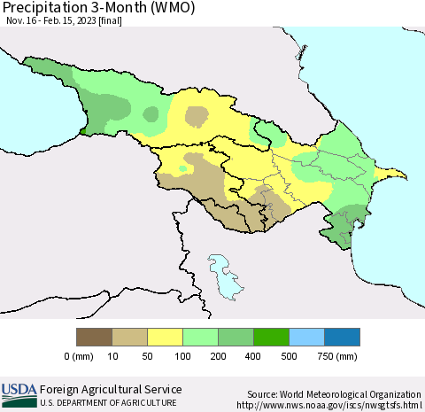 Azerbaijan, Armenia and Georgia Precipitation 3-Month (WMO) Thematic Map For 11/16/2022 - 2/15/2023