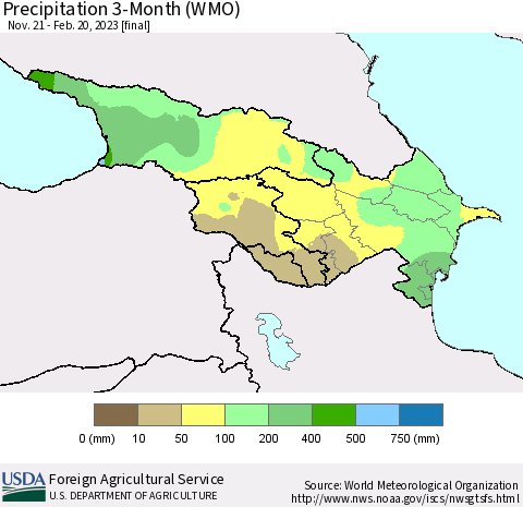 Azerbaijan, Armenia and Georgia Precipitation 3-Month (WMO) Thematic Map For 11/21/2022 - 2/20/2023