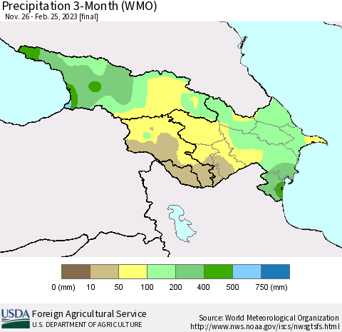 Azerbaijan, Armenia and Georgia Precipitation 3-Month (WMO) Thematic Map For 11/26/2022 - 2/25/2023