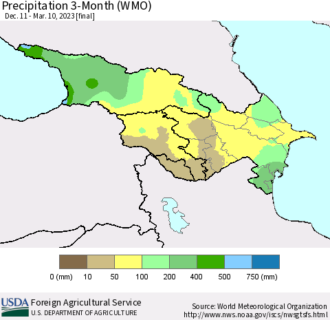 Azerbaijan, Armenia and Georgia Precipitation 3-Month (WMO) Thematic Map For 12/11/2022 - 3/10/2023