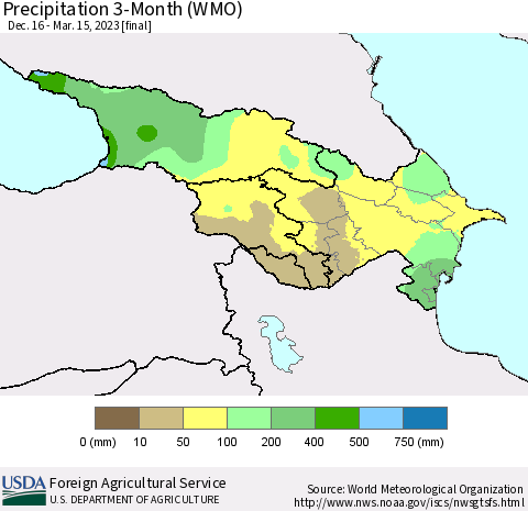 Azerbaijan, Armenia and Georgia Precipitation 3-Month (WMO) Thematic Map For 12/16/2022 - 3/15/2023