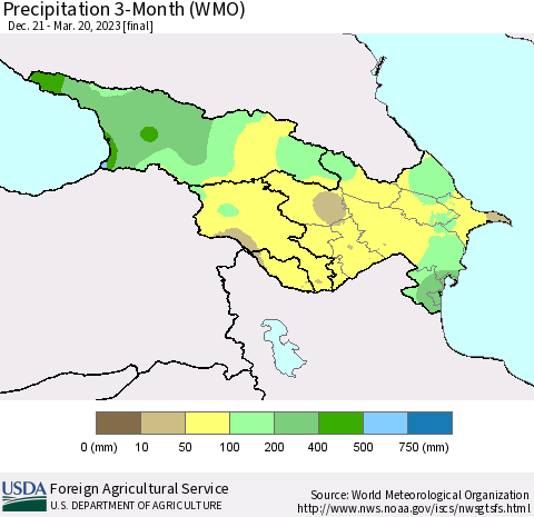 Azerbaijan, Armenia and Georgia Precipitation 3-Month (WMO) Thematic Map For 12/21/2022 - 3/20/2023