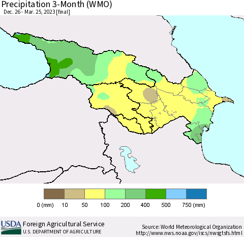 Azerbaijan, Armenia and Georgia Precipitation 3-Month (WMO) Thematic Map For 12/26/2022 - 3/25/2023