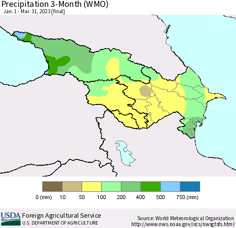 Azerbaijan, Armenia and Georgia Precipitation 3-Month (WMO) Thematic Map For 1/1/2023 - 3/31/2023