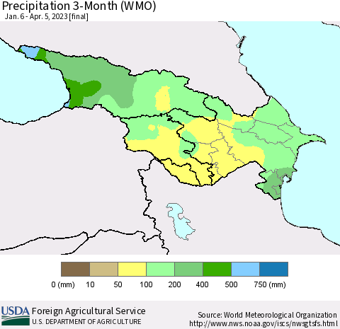 Azerbaijan, Armenia and Georgia Precipitation 3-Month (WMO) Thematic Map For 1/6/2023 - 4/5/2023