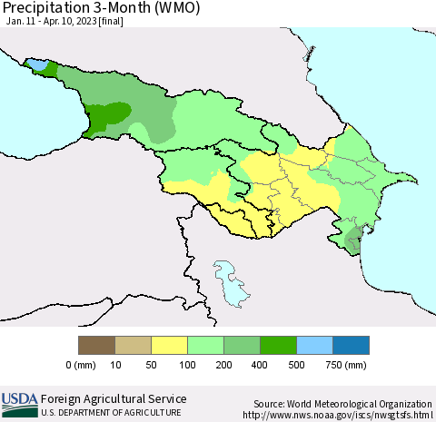 Azerbaijan, Armenia and Georgia Precipitation 3-Month (WMO) Thematic Map For 1/11/2023 - 4/10/2023