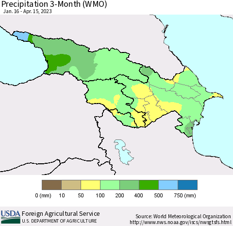 Azerbaijan, Armenia and Georgia Precipitation 3-Month (WMO) Thematic Map For 1/16/2023 - 4/15/2023