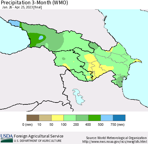 Azerbaijan, Armenia and Georgia Precipitation 3-Month (WMO) Thematic Map For 1/26/2023 - 4/25/2023