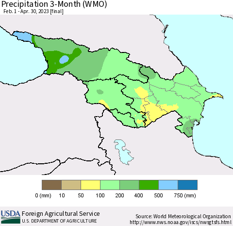 Azerbaijan, Armenia and Georgia Precipitation 3-Month (WMO) Thematic Map For 2/1/2023 - 4/30/2023