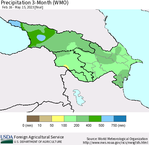 Azerbaijan, Armenia and Georgia Precipitation 3-Month (WMO) Thematic Map For 2/16/2023 - 5/15/2023