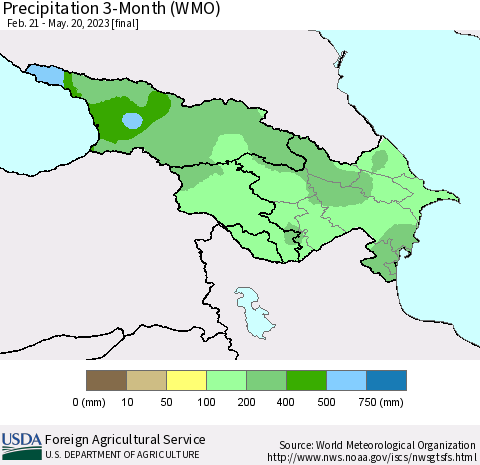 Azerbaijan, Armenia and Georgia Precipitation 3-Month (WMO) Thematic Map For 2/21/2023 - 5/20/2023