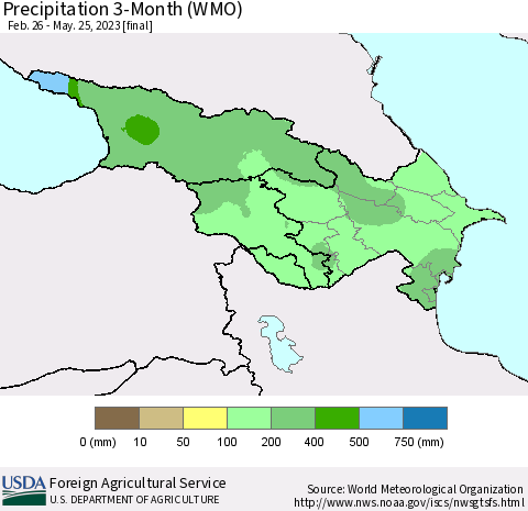 Azerbaijan, Armenia and Georgia Precipitation 3-Month (WMO) Thematic Map For 2/26/2023 - 5/25/2023