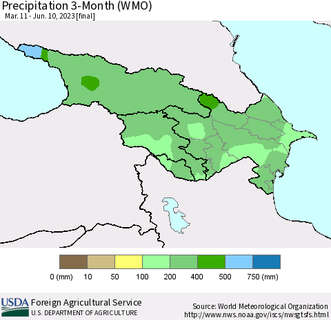 Azerbaijan, Armenia and Georgia Precipitation 3-Month (WMO) Thematic Map For 3/11/2023 - 6/10/2023