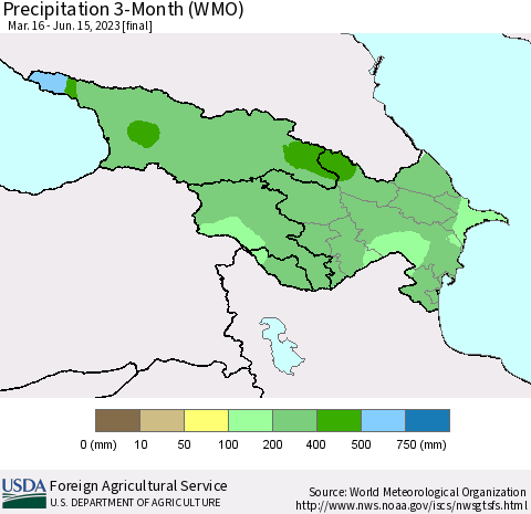 Azerbaijan, Armenia and Georgia Precipitation 3-Month (WMO) Thematic Map For 3/16/2023 - 6/15/2023