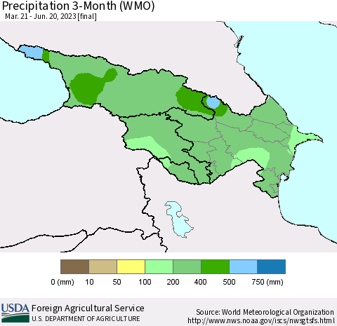 Azerbaijan, Armenia and Georgia Precipitation 3-Month (WMO) Thematic Map For 3/21/2023 - 6/20/2023
