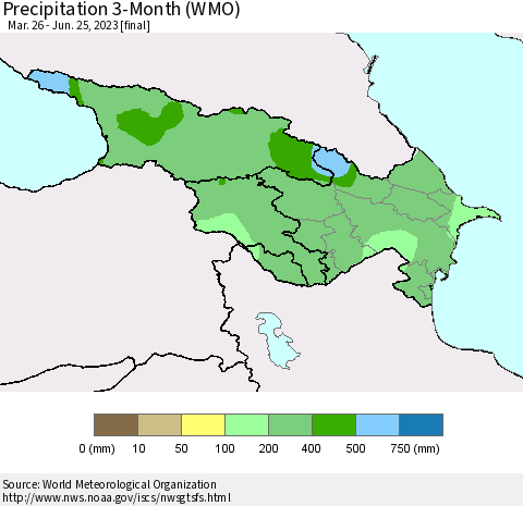 Azerbaijan, Armenia and Georgia Precipitation 3-Month (WMO) Thematic Map For 3/26/2023 - 6/25/2023