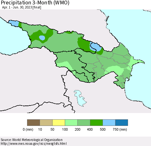 Azerbaijan, Armenia and Georgia Precipitation 3-Month (WMO) Thematic Map For 4/1/2023 - 6/30/2023
