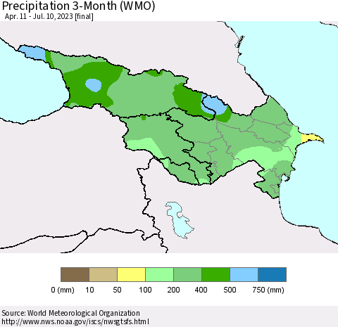 Azerbaijan, Armenia and Georgia Precipitation 3-Month (WMO) Thematic Map For 4/11/2023 - 7/10/2023