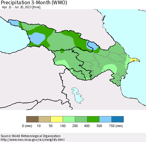 Azerbaijan, Armenia and Georgia Precipitation 3-Month (WMO) Thematic Map For 4/21/2023 - 7/20/2023