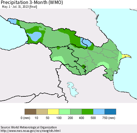 Azerbaijan, Armenia and Georgia Precipitation 3-Month (WMO) Thematic Map For 5/1/2023 - 7/31/2023