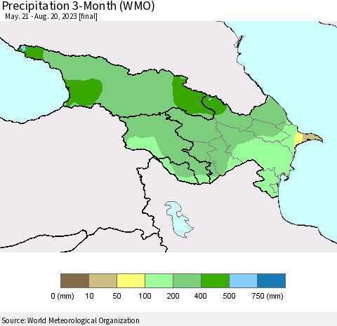Azerbaijan, Armenia and Georgia Precipitation 3-Month (WMO) Thematic Map For 5/21/2023 - 8/20/2023