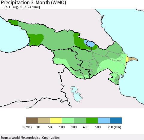 Azerbaijan, Armenia and Georgia Precipitation 3-Month (WMO) Thematic Map For 6/1/2023 - 8/31/2023