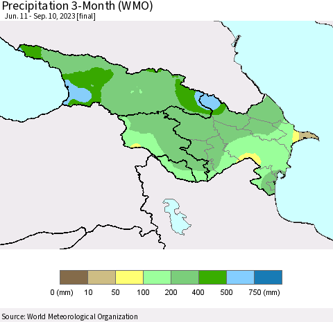 Azerbaijan, Armenia and Georgia Precipitation 3-Month (WMO) Thematic Map For 6/11/2023 - 9/10/2023