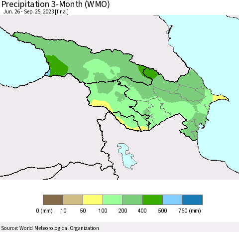 Azerbaijan, Armenia and Georgia Precipitation 3-Month (WMO) Thematic Map For 6/26/2023 - 9/25/2023