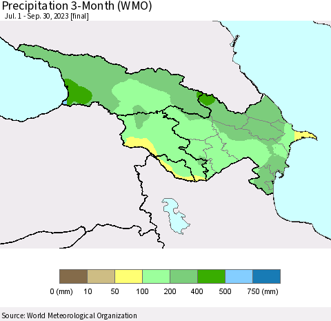 Azerbaijan, Armenia and Georgia Precipitation 3-Month (WMO) Thematic Map For 7/1/2023 - 9/30/2023
