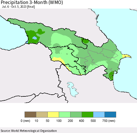 Azerbaijan, Armenia and Georgia Precipitation 3-Month (WMO) Thematic Map For 7/6/2023 - 10/5/2023