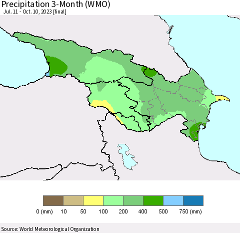 Azerbaijan, Armenia and Georgia Precipitation 3-Month (WMO) Thematic Map For 7/11/2023 - 10/10/2023