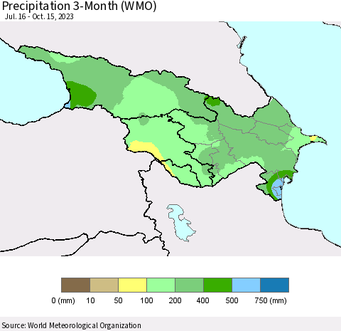Azerbaijan, Armenia and Georgia Precipitation 3-Month (WMO) Thematic Map For 7/16/2023 - 10/15/2023