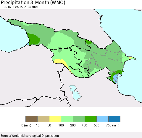 Azerbaijan, Armenia and Georgia Precipitation 3-Month (WMO) Thematic Map For 7/16/2023 - 10/15/2023