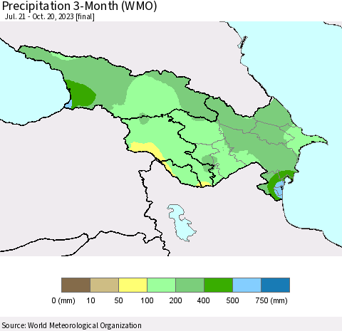 Azerbaijan, Armenia and Georgia Precipitation 3-Month (WMO) Thematic Map For 7/21/2023 - 10/20/2023