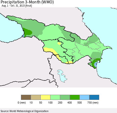Azerbaijan, Armenia and Georgia Precipitation 3-Month (WMO) Thematic Map For 8/1/2023 - 10/31/2023