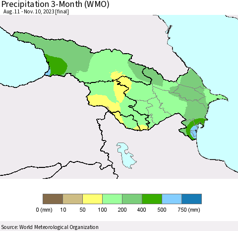 Azerbaijan, Armenia and Georgia Precipitation 3-Month (WMO) Thematic Map For 8/11/2023 - 11/10/2023