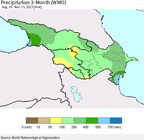 Azerbaijan, Armenia and Georgia Precipitation 3-Month (WMO) Thematic Map For 8/16/2023 - 11/15/2023