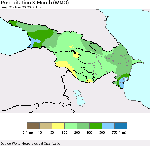 Azerbaijan, Armenia and Georgia Precipitation 3-Month (WMO) Thematic Map For 8/21/2023 - 11/20/2023