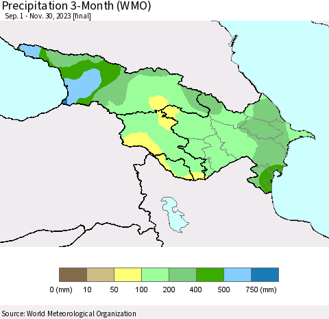 Azerbaijan, Armenia and Georgia Precipitation 3-Month (WMO) Thematic Map For 9/1/2023 - 11/30/2023