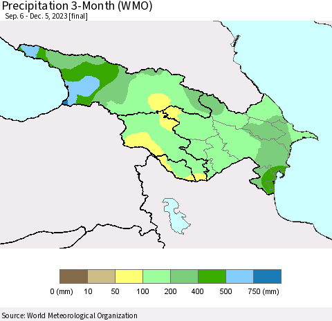 Azerbaijan, Armenia and Georgia Precipitation 3-Month (WMO) Thematic Map For 9/6/2023 - 12/5/2023