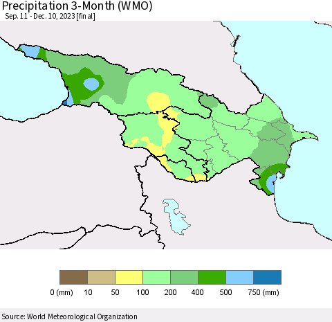 Azerbaijan, Armenia and Georgia Precipitation 3-Month (WMO) Thematic Map For 9/11/2023 - 12/10/2023