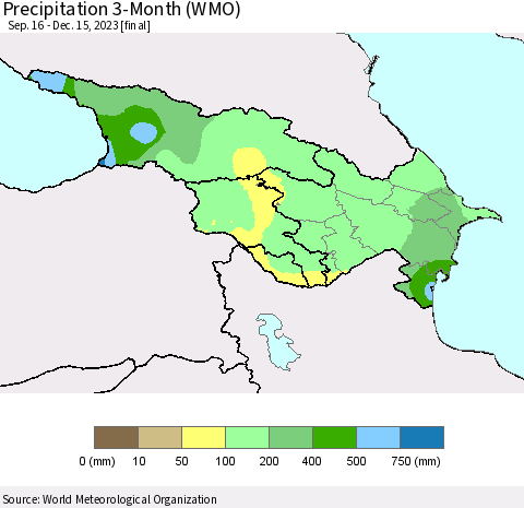 Azerbaijan, Armenia and Georgia Precipitation 3-Month (WMO) Thematic Map For 9/16/2023 - 12/15/2023