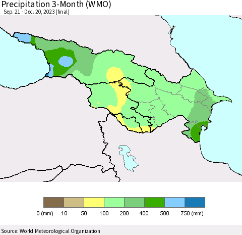 Azerbaijan, Armenia and Georgia Precipitation 3-Month (WMO) Thematic Map For 9/21/2023 - 12/20/2023