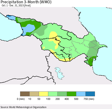 Azerbaijan, Armenia and Georgia Precipitation 3-Month (WMO) Thematic Map For 10/1/2023 - 12/31/2023
